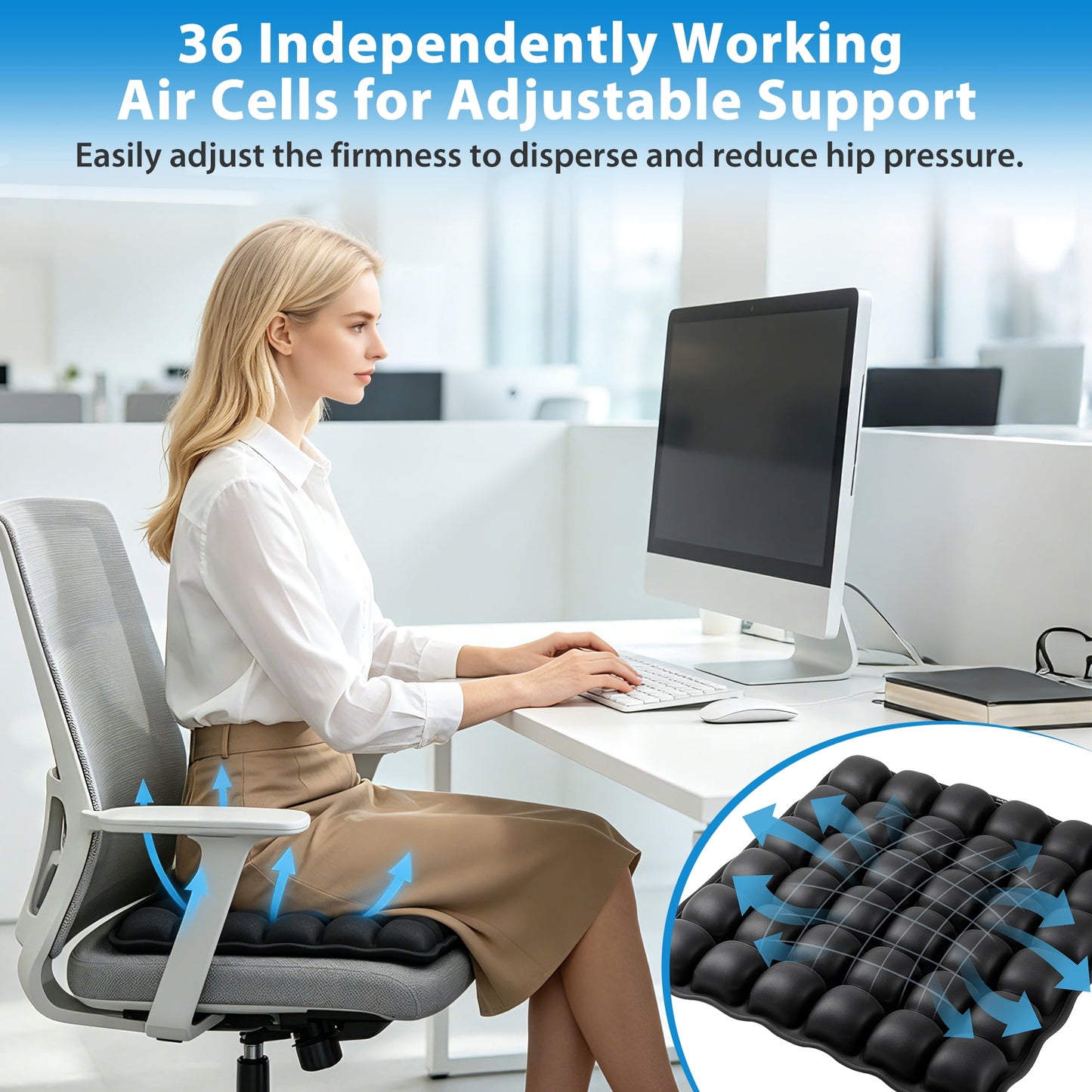 Inflatable Travel Seat Cushion with Air Pump, Portable Airplane Seat Cushion for Long Flights, Ergonomic Chair Cushion for Office, Car, Wheelchair, Camping, Breathable Comfort Pad