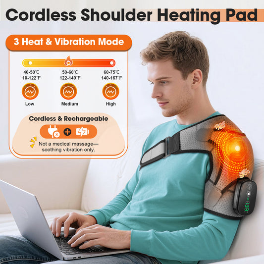Shoulder Heating Pad, Cordless Heated Shoulder Wrap with 3 Vibration, Shoulder Massager Heated Shoulder Brace Relax for Women Men