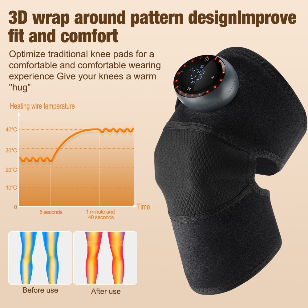 Cordless Knee Massager with Heat and Vibration, Heated Knee Brace Wrap, 3 in 1 Heating Pad for Knee Elbow Shoulder, 5 Heating Levels, 5 Massage Modes & 15 Min Timer, LED lights, Black