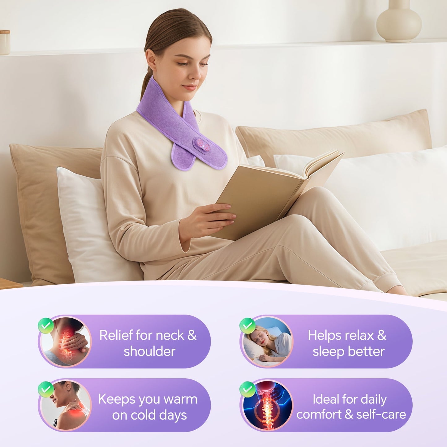 Cordless Heated Neck Wrap for Relief, Rechargeable Neck Heating Pad, 660nm and 850nm Neck Massager with Heat and Vibration, Neck and Shoulder Warmer for Relief