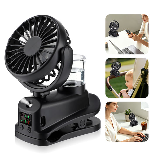 DREAMSOME 2 in 1 Clip Fan with Mist, 4 Speeds & LED Display, 360° Rotating, 1200mAh Stroller Fan, Black