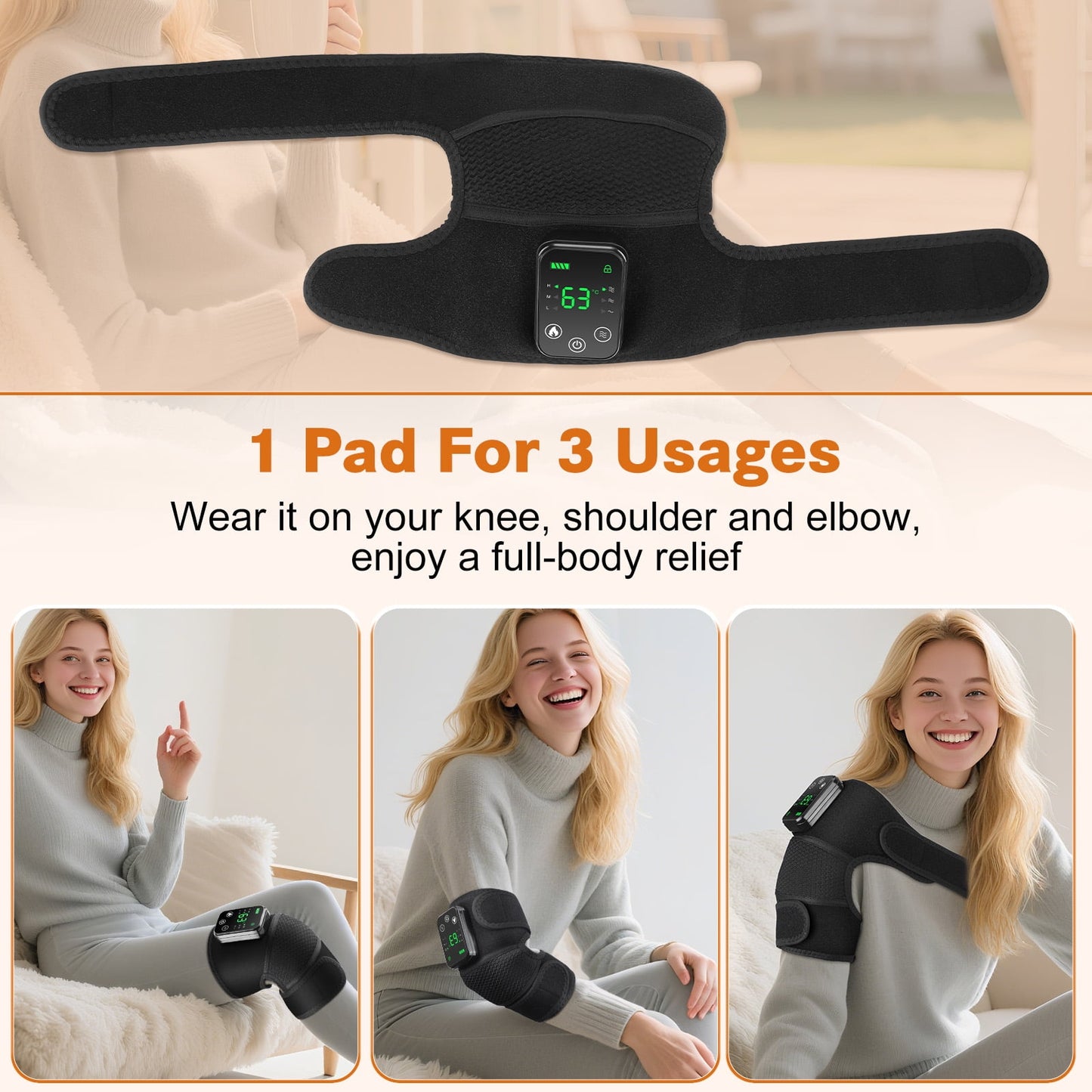 Heating Knee Massager, 3-in-1 Heating Pad for Knee Shoulder Elbow with Vibration, Portable Wireless Heated Knee Brace Wrap Relax for Office, Study, 1PCS