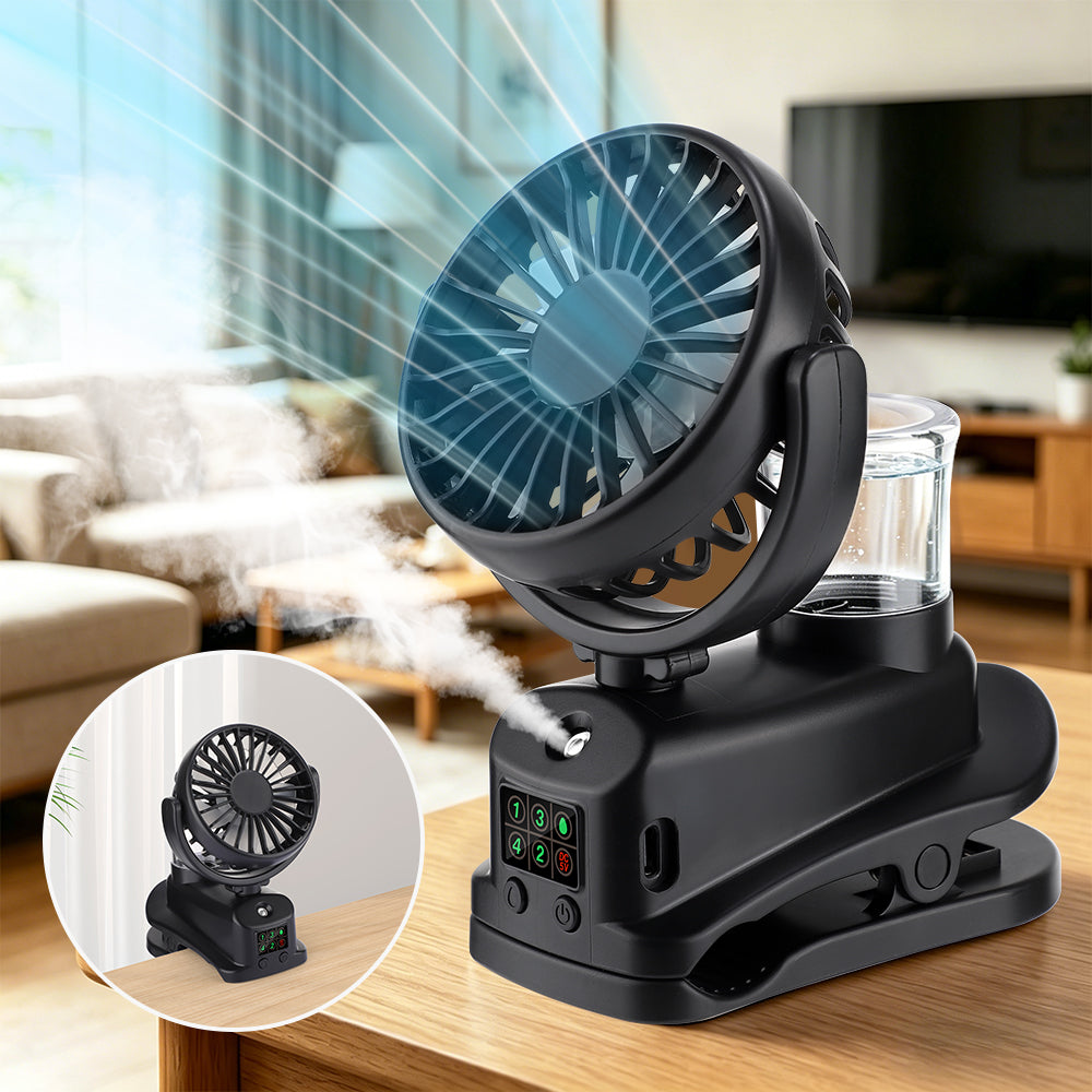 DREAMSOME 2 in 1 Clip Fan with Mist, 4 Speeds & LED Display, 360° Rotating, 1200mAh Stroller Fan, Black