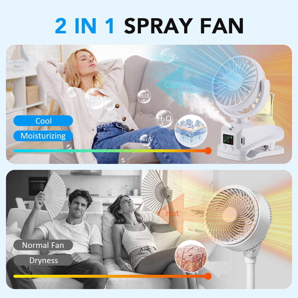 DREAMSOME 2 in 1 Clip Fan with Mist, 4 Speeds & LED Display, 360° Rotating, 1200mAh Stroller Fan, Black