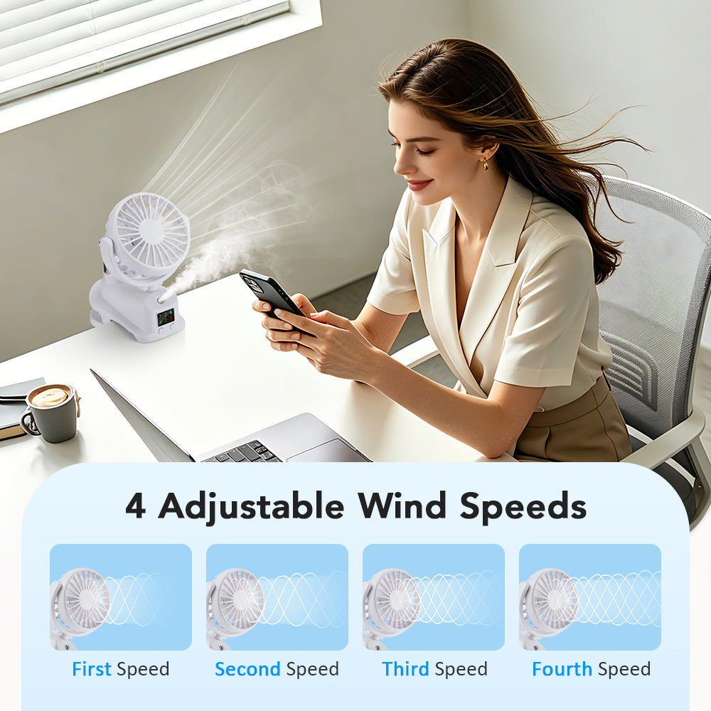 DREAMSOME 2 in 1 Clip Fan with Mist, 4 Speeds & LED Display, 360° Rotating, 1200mAh Stroller Fan, Black