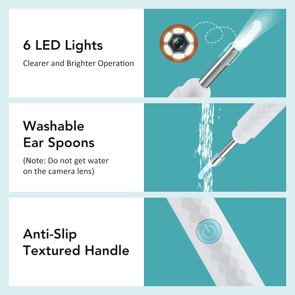 QIUGUO Wireless Visual Ear Cleaner with 1080P Camera, 360° Rotatable Lens & 6 LED Lights, Ear Spoon & Tweezer Set, WiFi for iOS Android, for Adults Kids Pets
