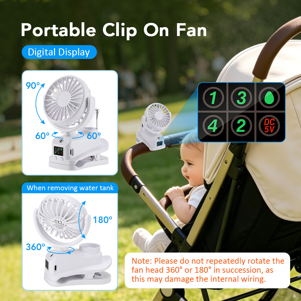 DREAMSOME 2 in 1 Clip Fan with Mist, 4 Speeds & LED Display, 360° Rotating, 1200mAh Stroller Fan, Black