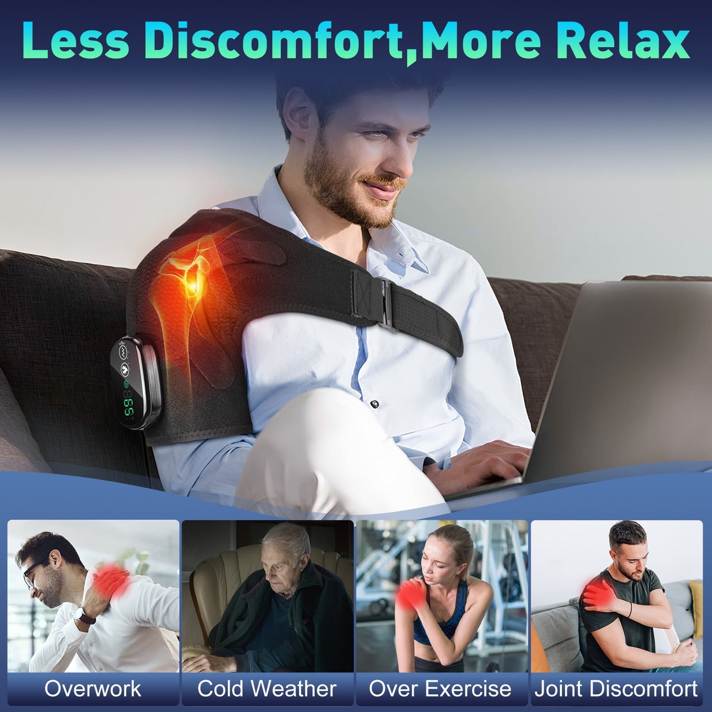 Cordless Shoulder Heating Pad, Heated Shoulder Brace with 3 Heating and Vibration, Heated Shoulder Wrap with Massage, Rechargeable Shoulder Massager for Men Women Shoulder Relax