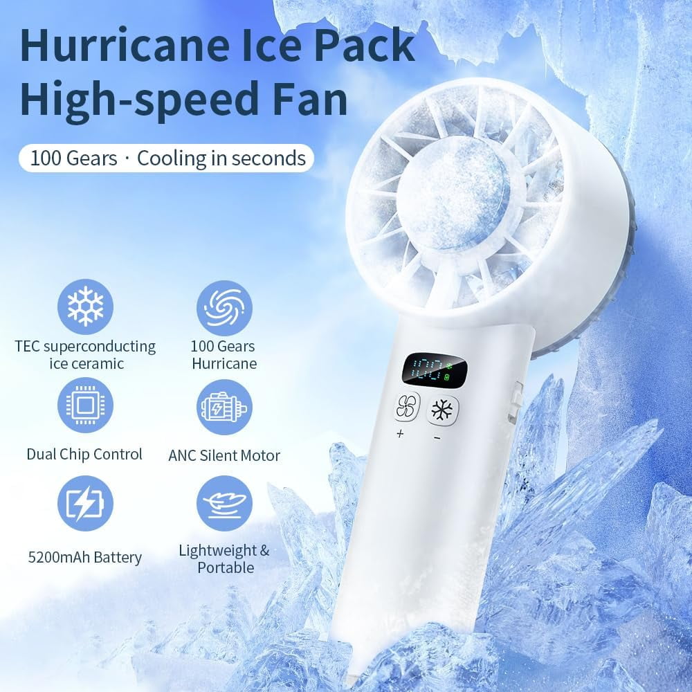 Portable Handheld Fan with Ice Cooling, 100 Speed Personal Turbo Fan Rechargeable, Up to 12Hrs Cooling Fan, LED Display, Ultra-Quiet, Mini Hand Fan for Beach Vacation,Travel