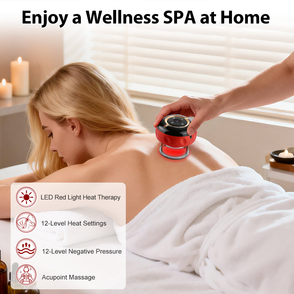 QIUGUO Cupping Massager, Smart Red Light Cupping Set with Remote, 12 Suction & 12 Heat Levels, Cordless Electric Cupping Device for Back & Body Relief