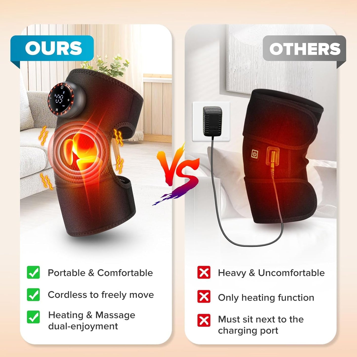 Cordless Knee Massager with Heat and Vibration, Heated Knee Brace Wrap, 3 in 1 Heating Pad for Knee Elbow Shoulder, 5 Heating Levels, 5 Massage Modes & 15 Min Timer, LED lights, Black