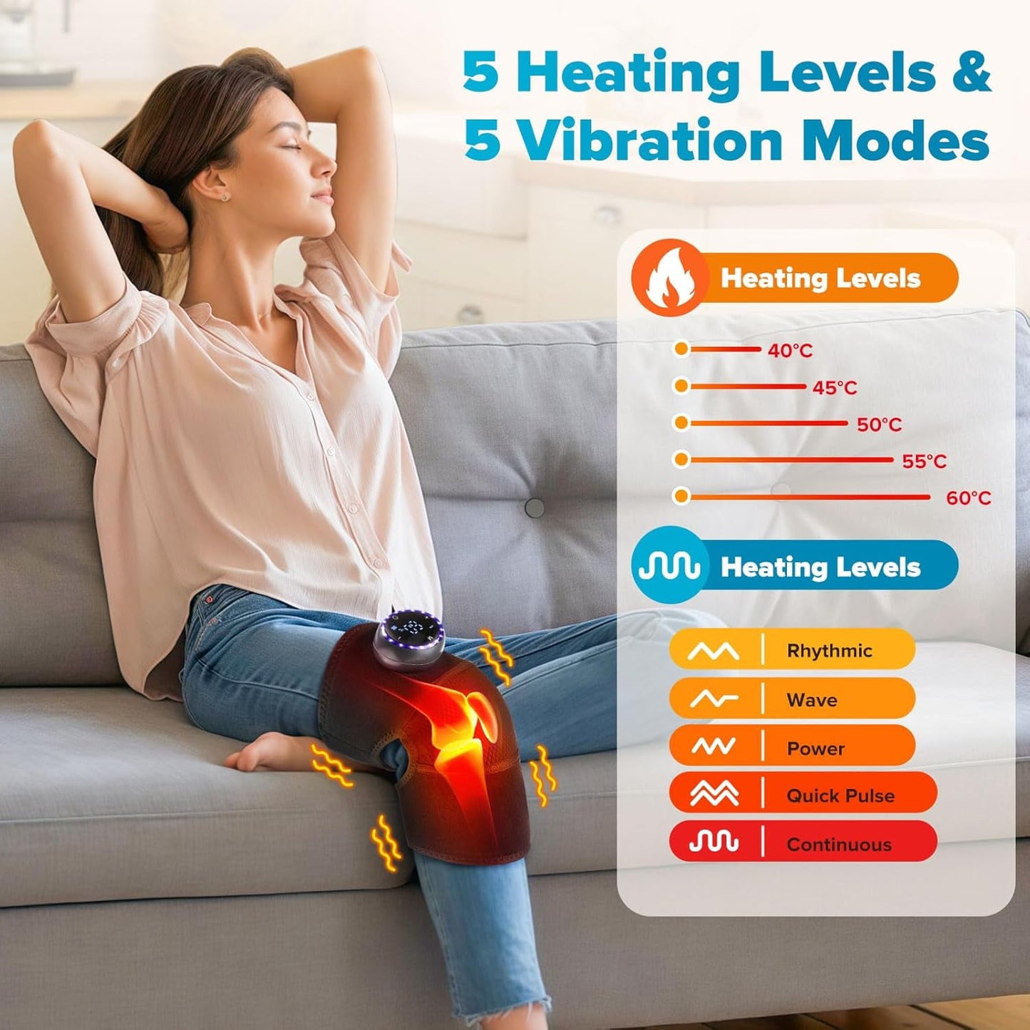 Cordless Knee Massager with Heat and Vibration, Heated Knee Brace Wrap, 3 in 1 Heating Pad for Knee Elbow Shoulder, 5 Heating Levels, 5 Massage Modes & 15 Min Timer, LED lights, Black