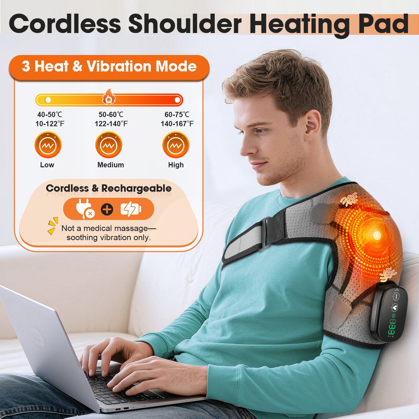 Shoulder Heating Pad, Cordless Heated Shoulder Wrap with 3 Vibration, Shoulder Massager Heated Shoulder Brace Relax for Women Men
