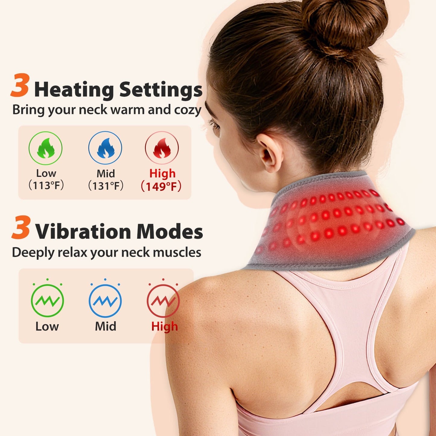 Cordless Neck Heating Wrap for Relief, Portable Neck Massager with 3000mAh Rechargeable Battery, 3 Heat & Vibration Neck Pad for Relief, Comforting Neck Brace for Daily Use - Gray
