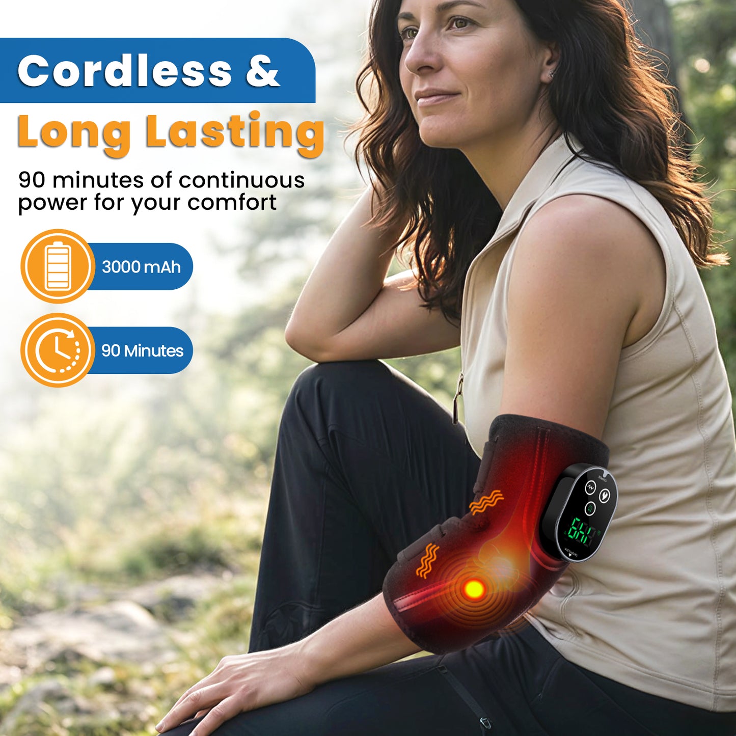 Cordless Elbow Heating Pad for Elbow Relief, Heated Massage Elbow Brace with 3000mAh Battery, 5 Heat Levels and 3 Vibration, Heating Pad for Joint Arm Relief