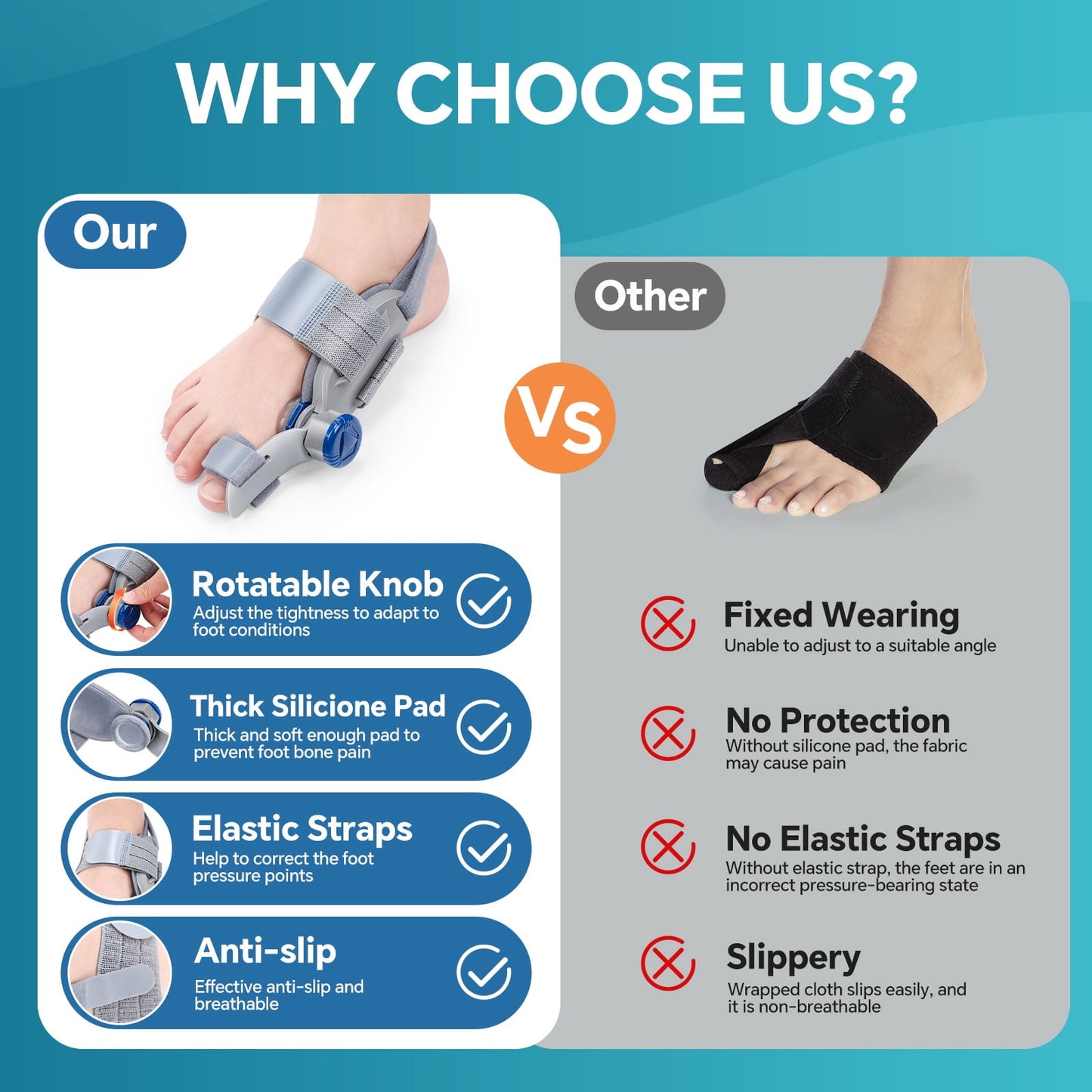 Bunion Corrector for Women Men Big Toe, Hallux Valgus Separator, Adjustable Knob Bunion Splint Straightener with Anti-slip Heel Strap and Silicone Pad for Relief, All-day and Left and Right