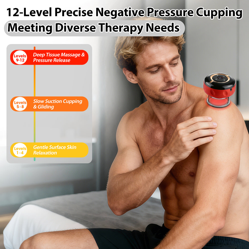 QIUGUO Cupping Massager, Smart Red Light Cupping Set with Remote, 12 Suction & 12 Heat Levels, Cordless Electric Cupping Device for Back & Body Relief