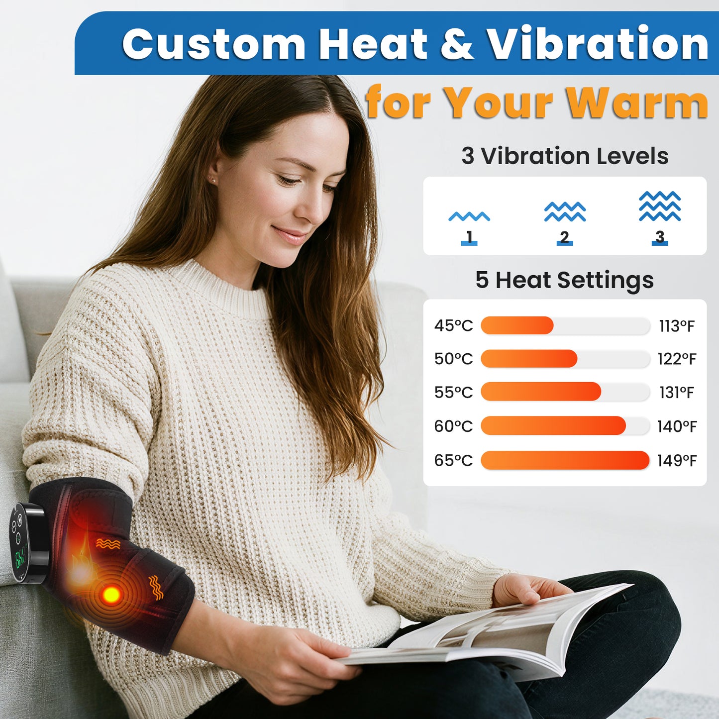 Cordless Elbow Heating Pad for Elbow Relief, Heated Massage Elbow Brace with 3000mAh Battery, 5 Heat Levels and 3 Vibration, Heating Pad for Joint Arm Relief