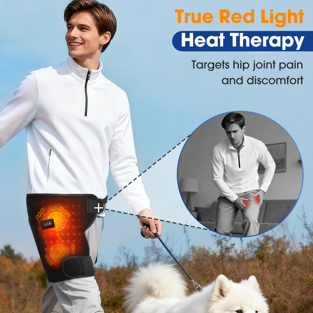 DREAMSOME Rechargeable Heated Hip Massager, Thigh Hip Brace with 105 Red Light LEDs (660nm), 3 Heat & 3 Dual Motor Vibration Modes, USB Powered Heating Pad for Hip Thigh Lower Back, Seniors