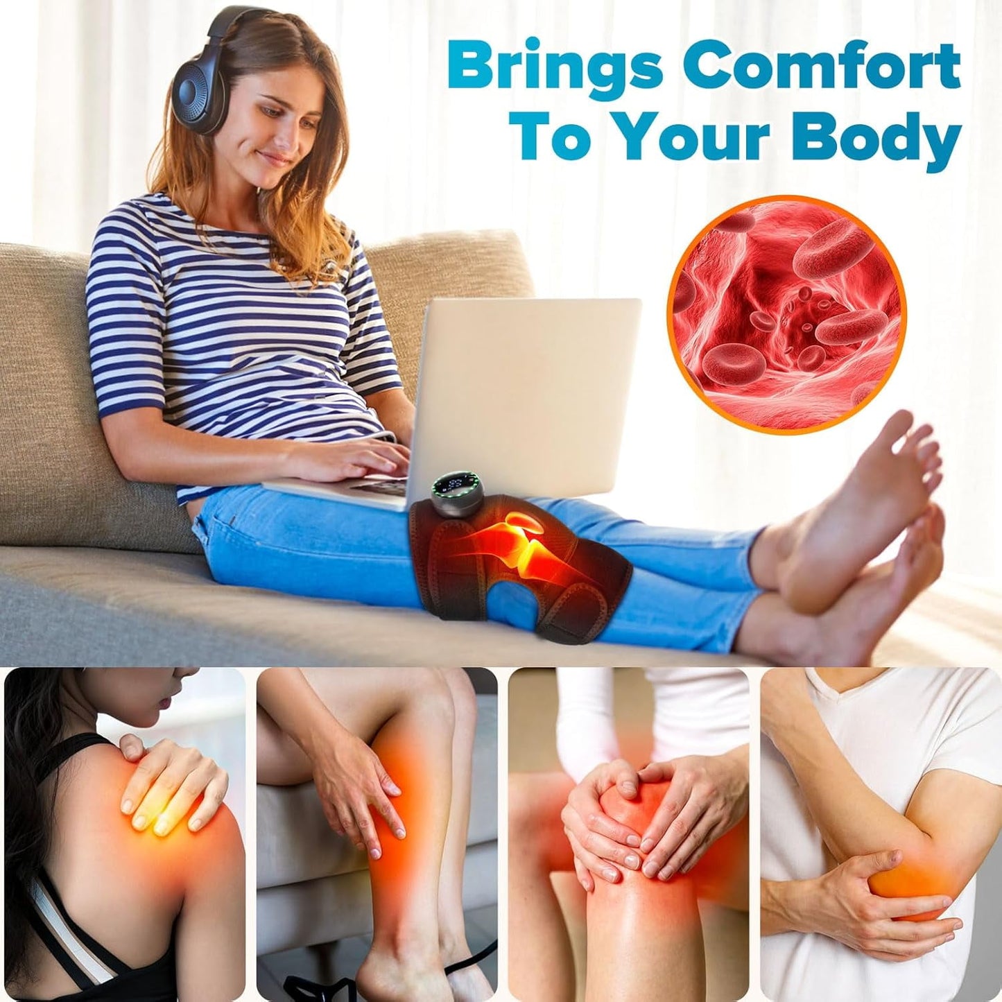 Cordless Knee Massager with Heat and Vibration, Heated Knee Brace Wrap, 3 in 1 Heating Pad for Knee Elbow Shoulder, 5 Heating Levels, 5 Massage Modes & 15 Min Timer, LED lights, Black