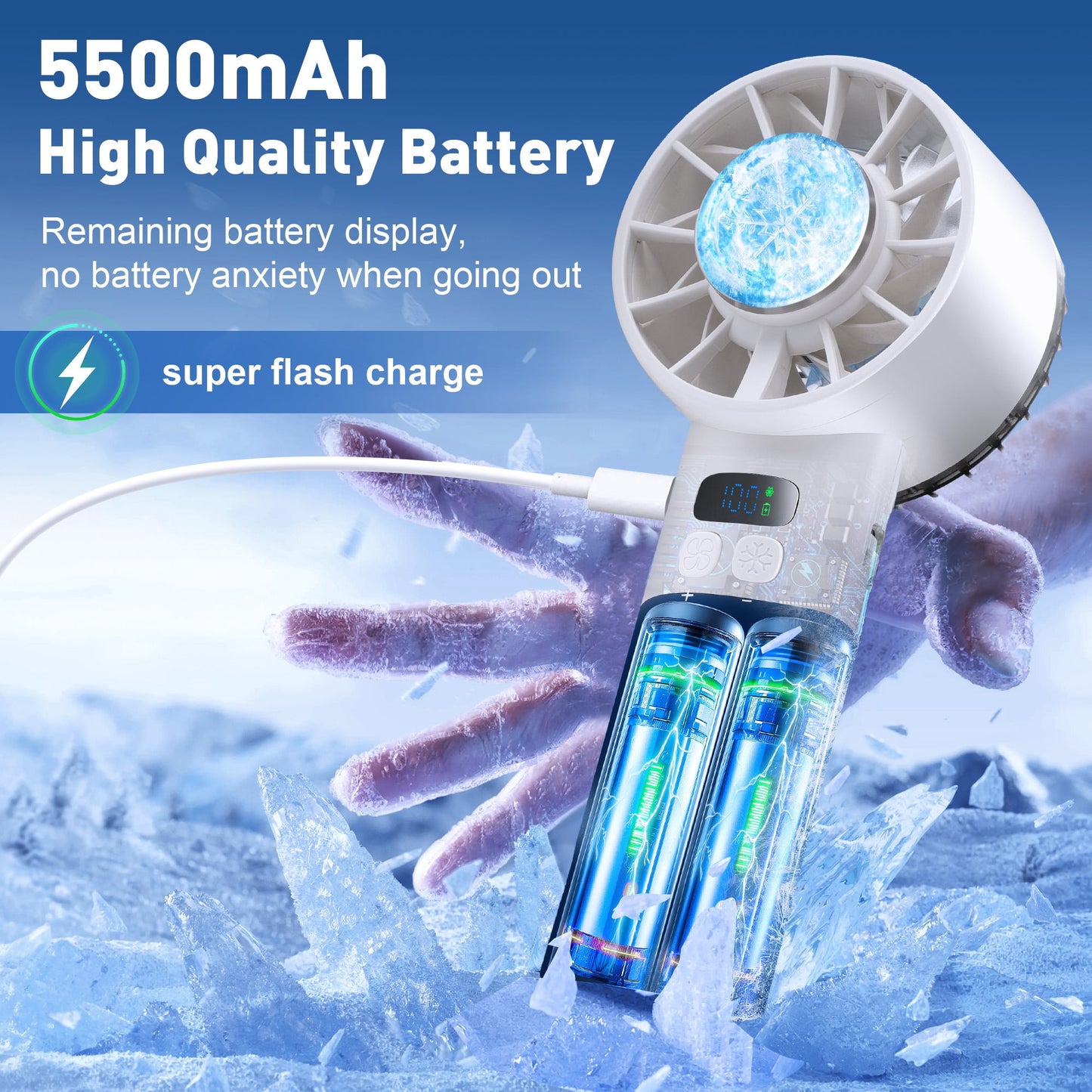 Portable Handheld Fan with Ice Cooling, 100 Speed Personal Turbo Fan Rechargeable, Up to 12Hrs Cooling Fan, LED Display, Ultra-Quiet, Mini Hand Fan for Beach Vacation,Travel