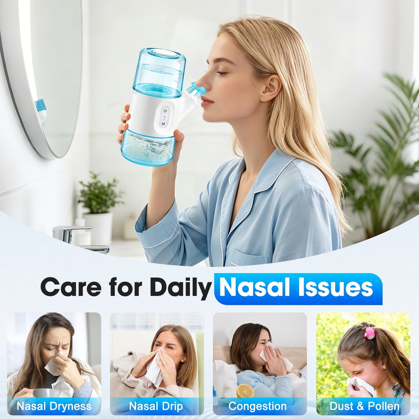 Electric Nasal Irrigation System 300ml Sinus Rinse Machine, Automatic Waste Collection, Adjustable Flow, IPX7 Rechargeable Nasal Washer for Sinus, Allergy Relief, Congestion, Dry Nose