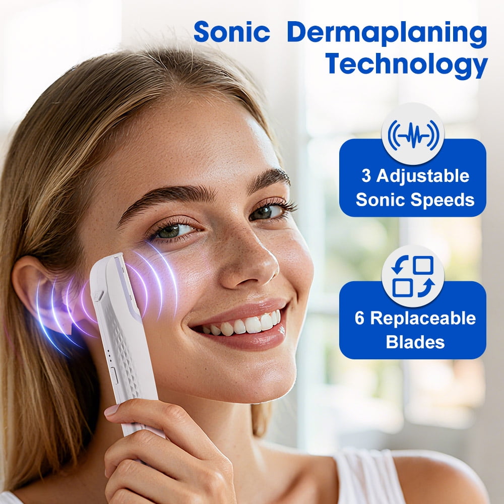 Sonic Dermaplaning Tool for Face, Rechargeable Sonic Dermaplane Razor with 6 Refill Blades, Three-Speed Facial Hair & Peach Fuzz Remover for Women (White)