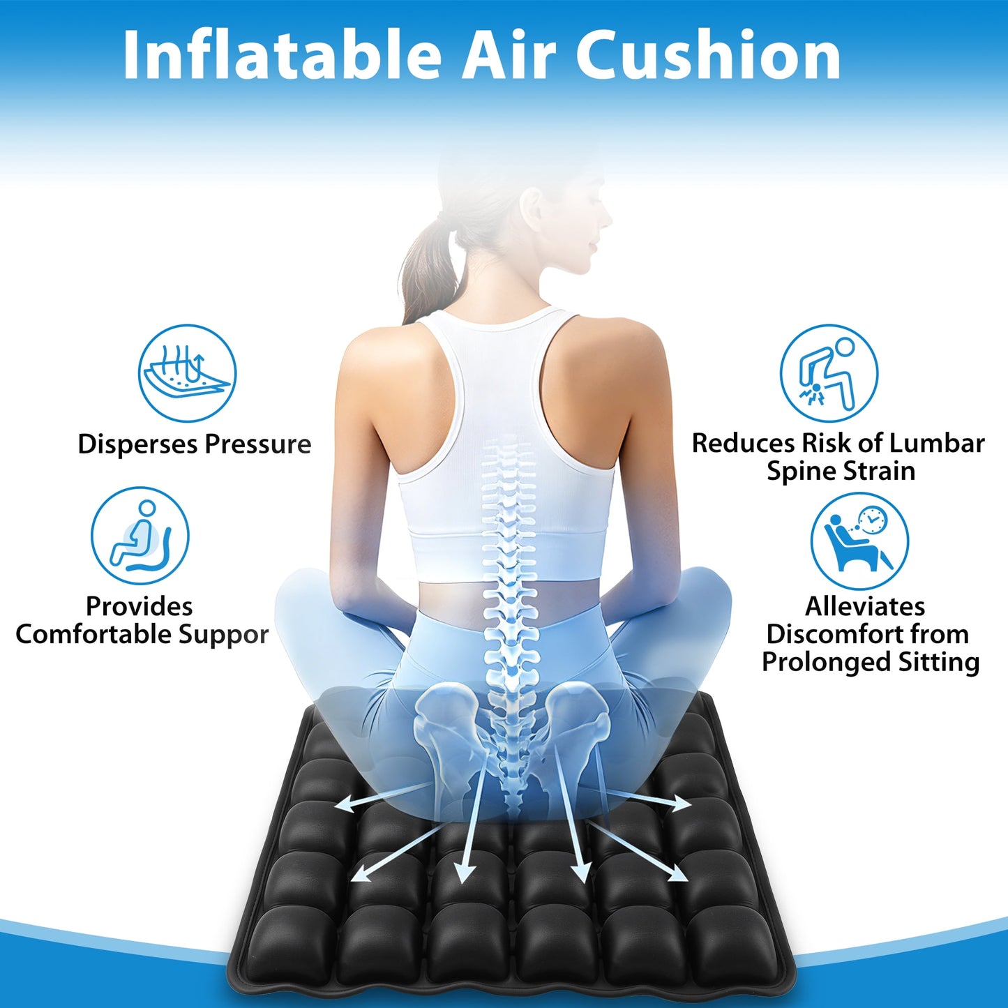 Inflatable Travel Seat Cushion with Air Pump, Portable Airplane Seat Cushion for Long Flights, Ergonomic Chair Cushion for Office, Car, Wheelchair, Camping, Breathable Comfort Pad