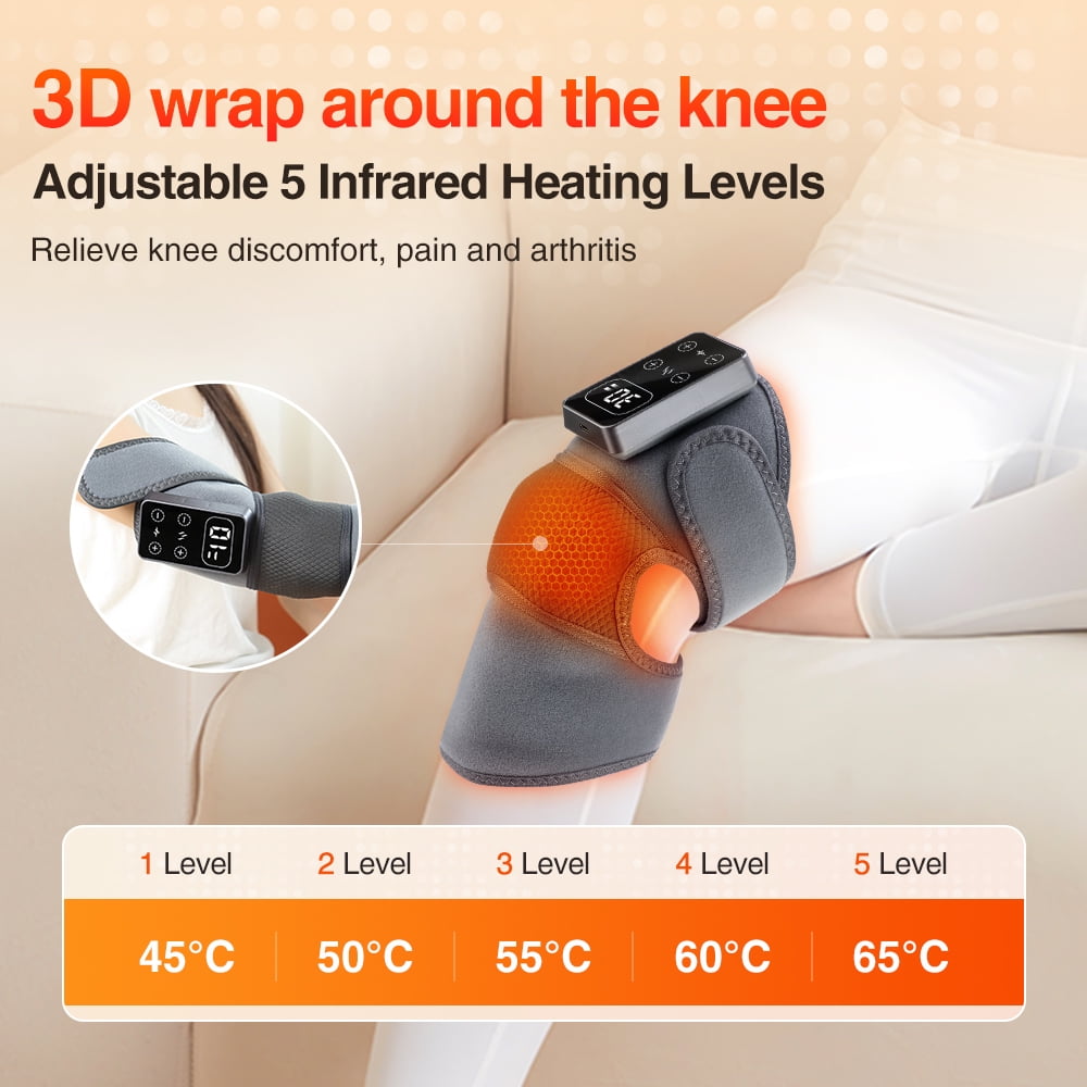 Cordless Knee Massager with Heat, Heated Knee Brace Wrap Warmers, Knee Heating Pad for Knee Relax, 5 Heating Levels, 3 Massage Modes, 30 Min Timer, Gifts for Women Men Mom Dad