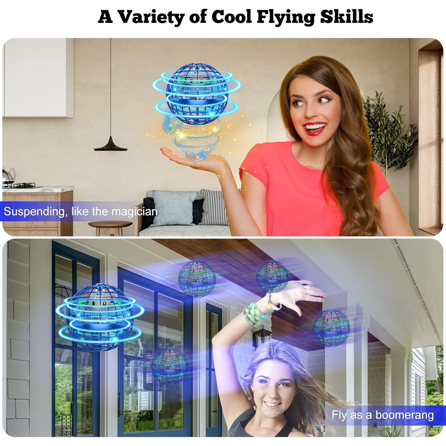 2PCS Flying Orb Ball, Hover Boomerang Ball Fidget Spinner, Flying Spinner Ball Toy with RGB LED Light Mini Hand Ball, Cool Stuff Toys Gift Boys Girls Quick Teens Indoor Outdoor