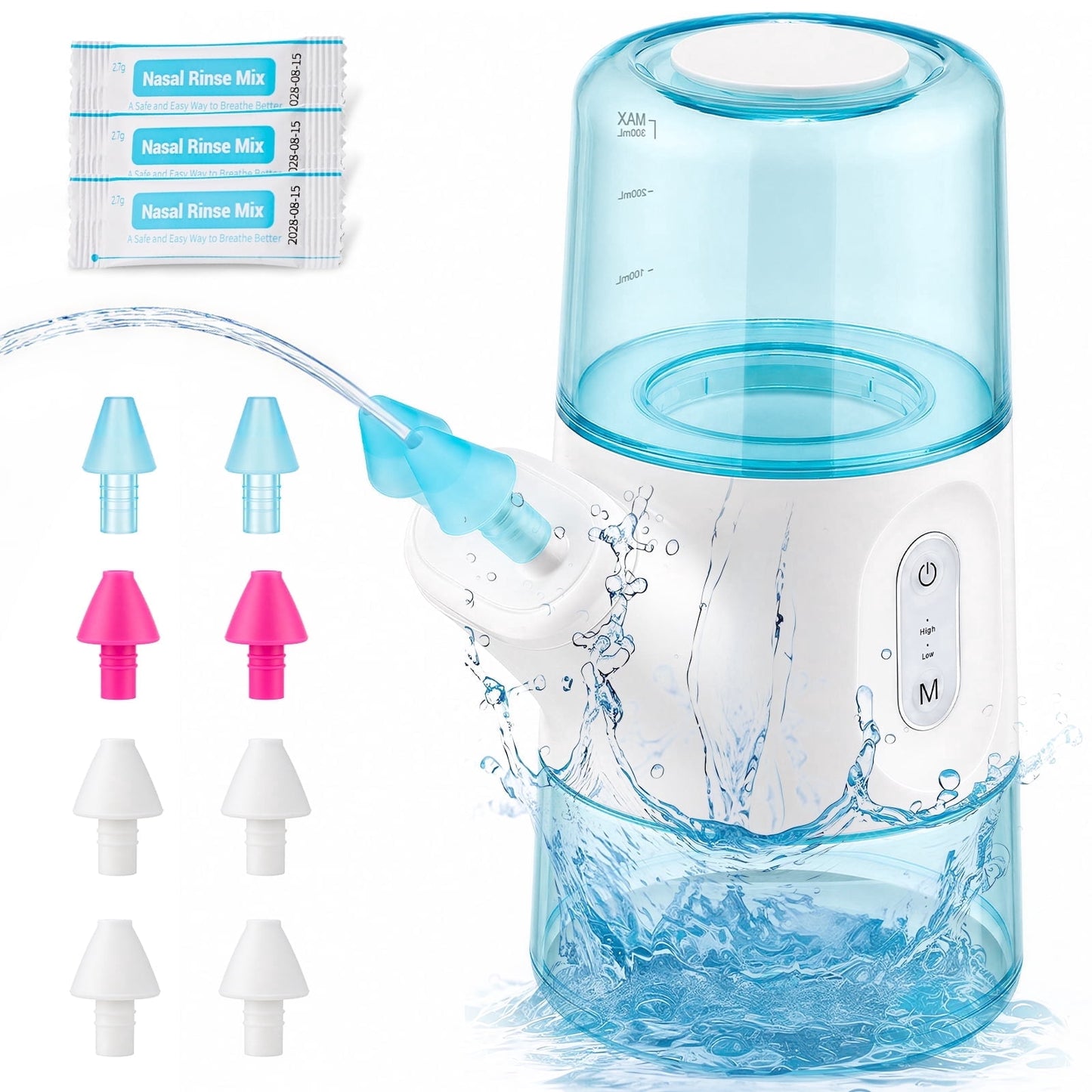 Electric Nasal Irrigation System 300ml Sinus Rinse Machine, Automatic Waste Collection, Adjustable Flow, IPX7 Rechargeable Nasal Washer for Sinus, Allergy Relief, Congestion, Dry Nose