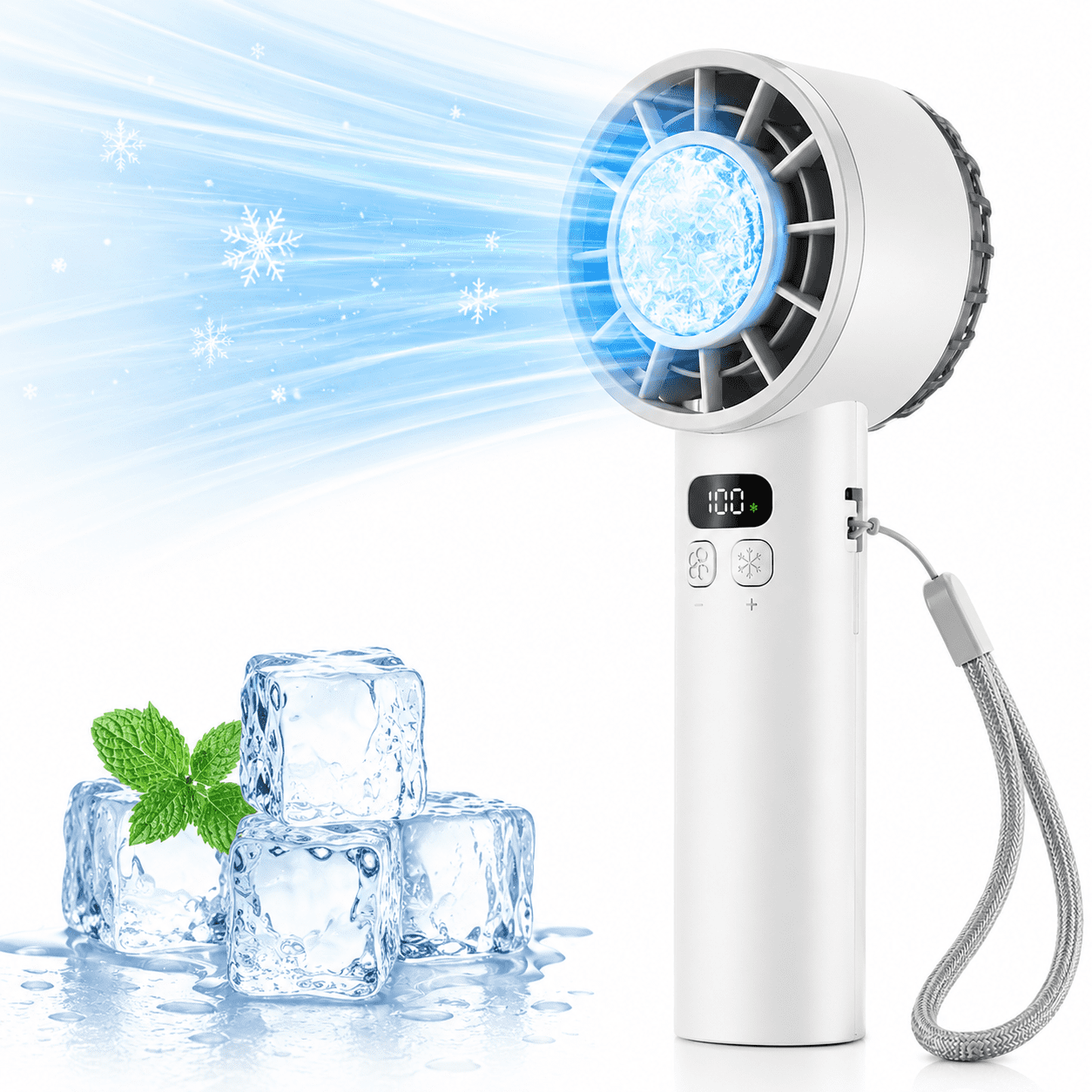 Portable Handheld Fan with Ice Cooling, 100 Speed Personal Turbo Fan Rechargeable, Up to 12Hrs Cooling Fan, LED Display, Ultra-Quiet, Mini Hand Fan for Beach Vacation,Travel