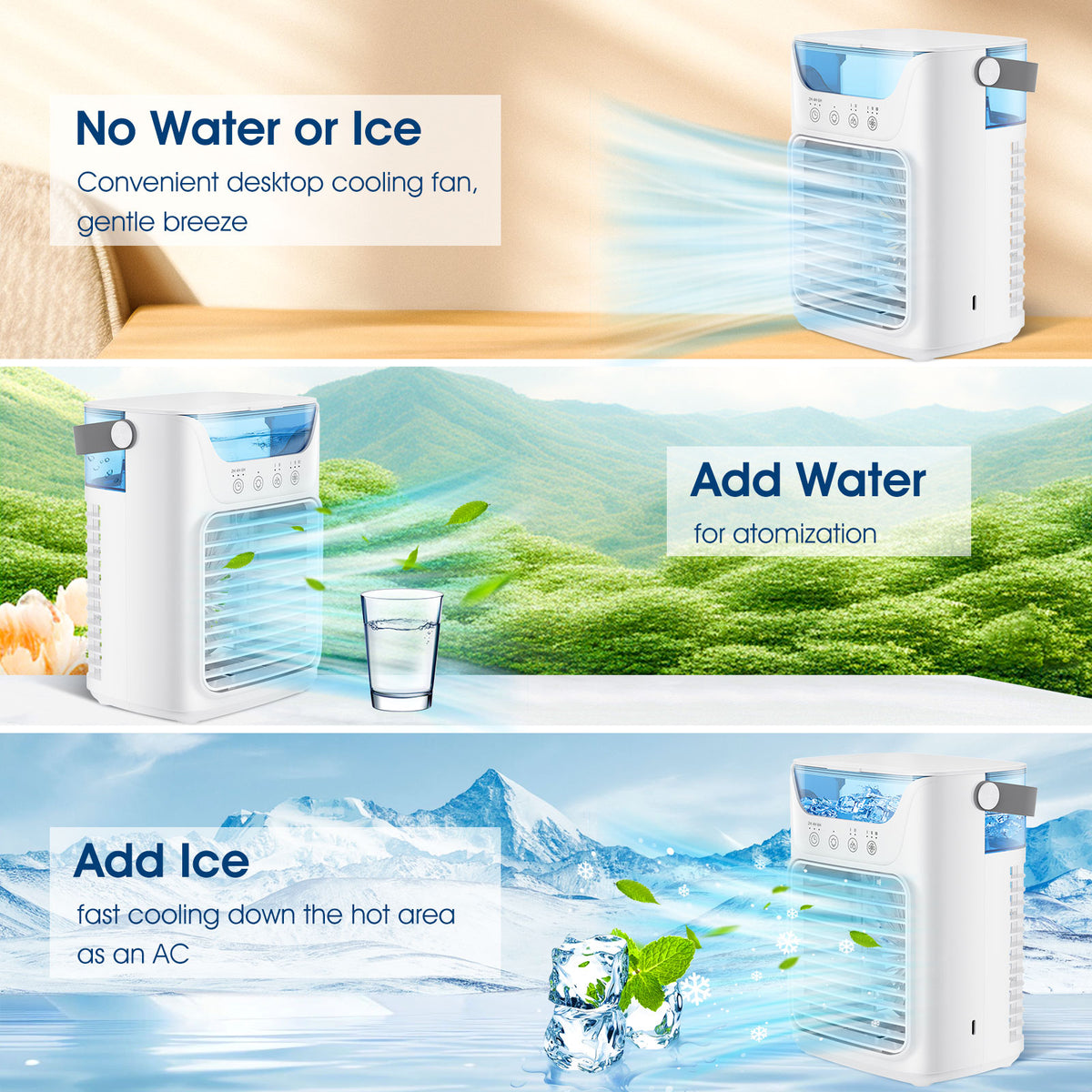 DREAMSOME Portable Air Conditioner, 3-in-1 Cooling Fan, 3 Speeds & 2 Mist Modes , 2/4/6H Timer, 700ml WaterTank, USB Powered Evaporative Air for Bedroom Office Desk