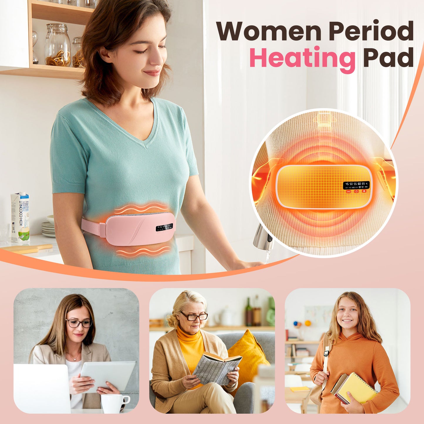 DREAMSOME Portable Heating Pad, 5 Heat 4 Massage Modes, Upgraded Cordless Electric Fast Heating Pad Abdomen Massager, Gifts for Her, Women and Girlfriend, Pink