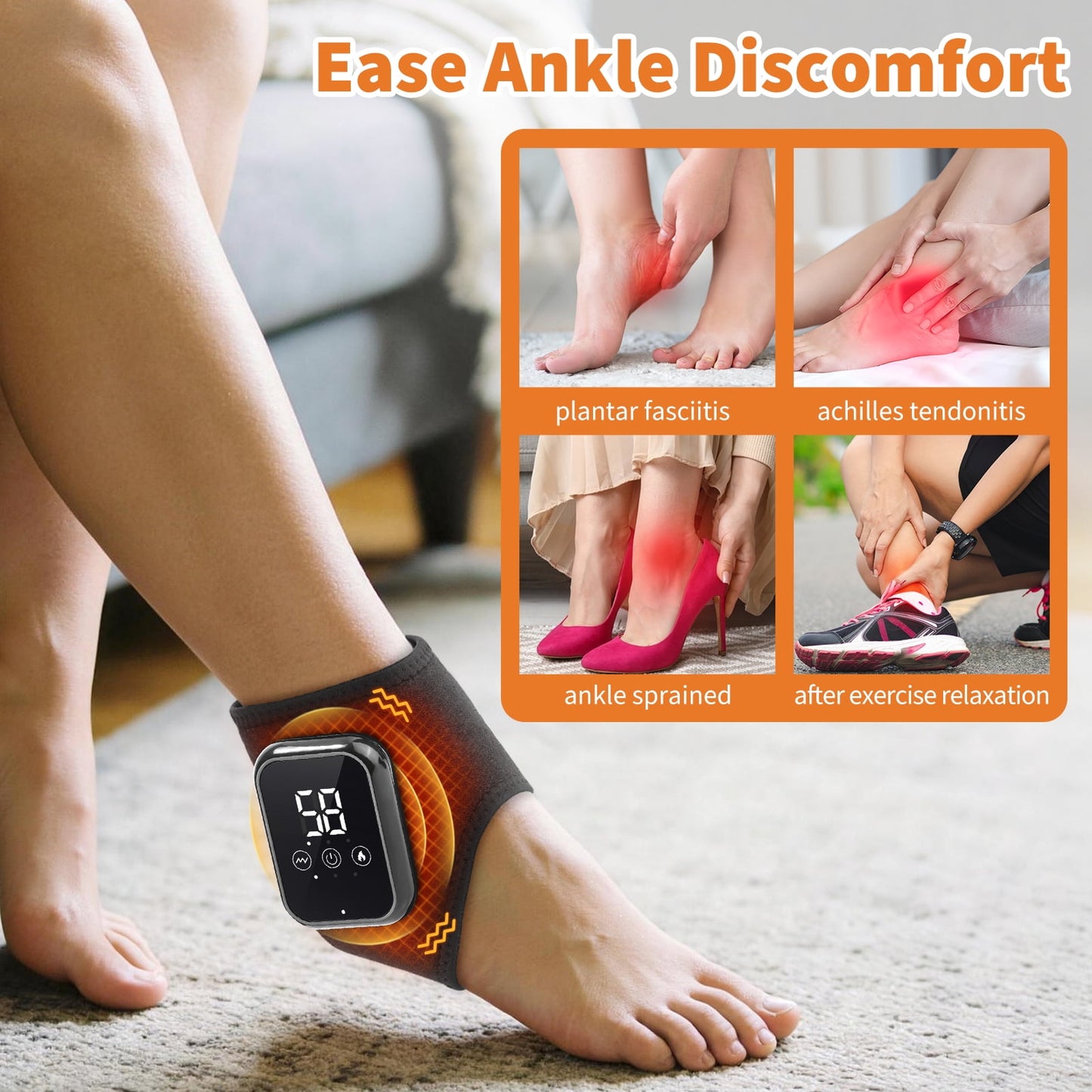 Cordless Ankle Massager with Heat, Ankle Heating Pad for Relief, Heated Foot Massager, 3 Heat and 3 Vibration, Ankle Brace Relax for Left and Right Feet