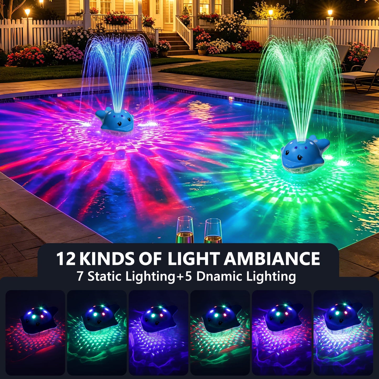 Floating Pool Fountain with LED Lights, Rechargeable Pool Fountain with Remote, 3 Spray Modes & 12 Color Light Show, Water Fountain for Inground & Above Ground Pool