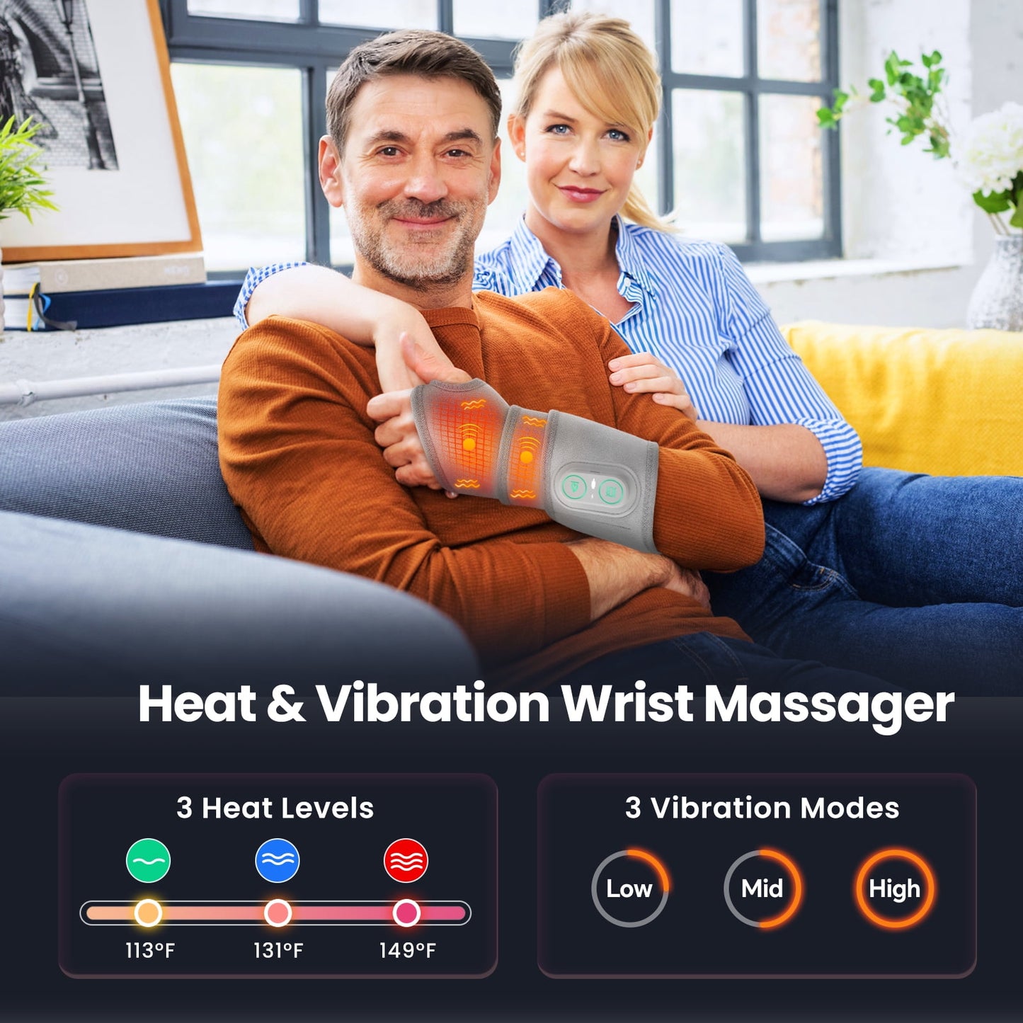 Cordless Wrist Hand Heating Pad Massage for Relief, Rechargeable Heated Wrist Brace for Carpal Tunnel, Heated Wrist Massager with 3 Heatings and 3 Vibrations, Wrist Wrap Relief, Gray