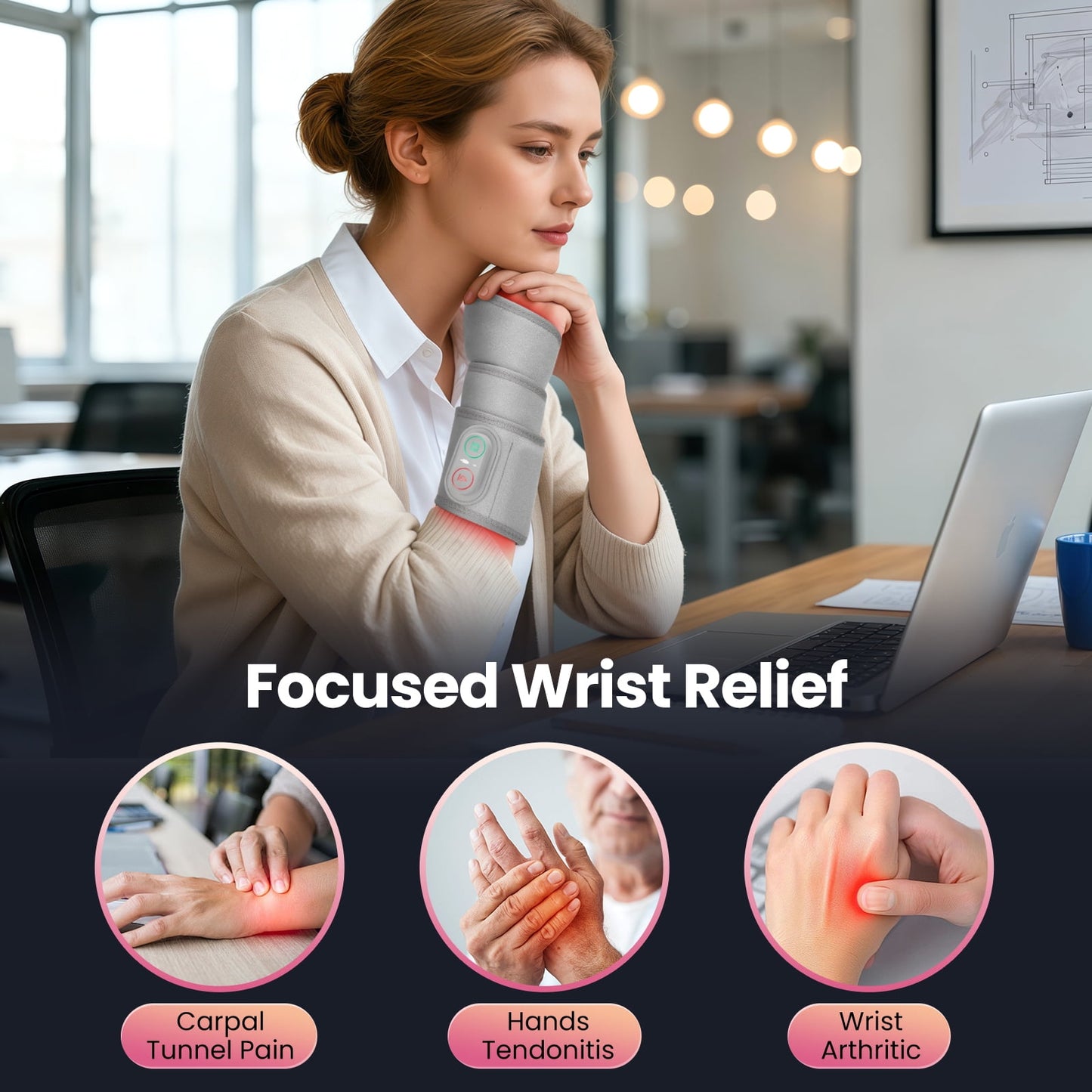 Cordless Wrist Hand Heating Pad Massage for Relief, Rechargeable Heated Wrist Brace for Carpal Tunnel, Heated Wrist Massager with 3 Heatings and 3 Vibrations, Wrist Wrap Relief, Gray