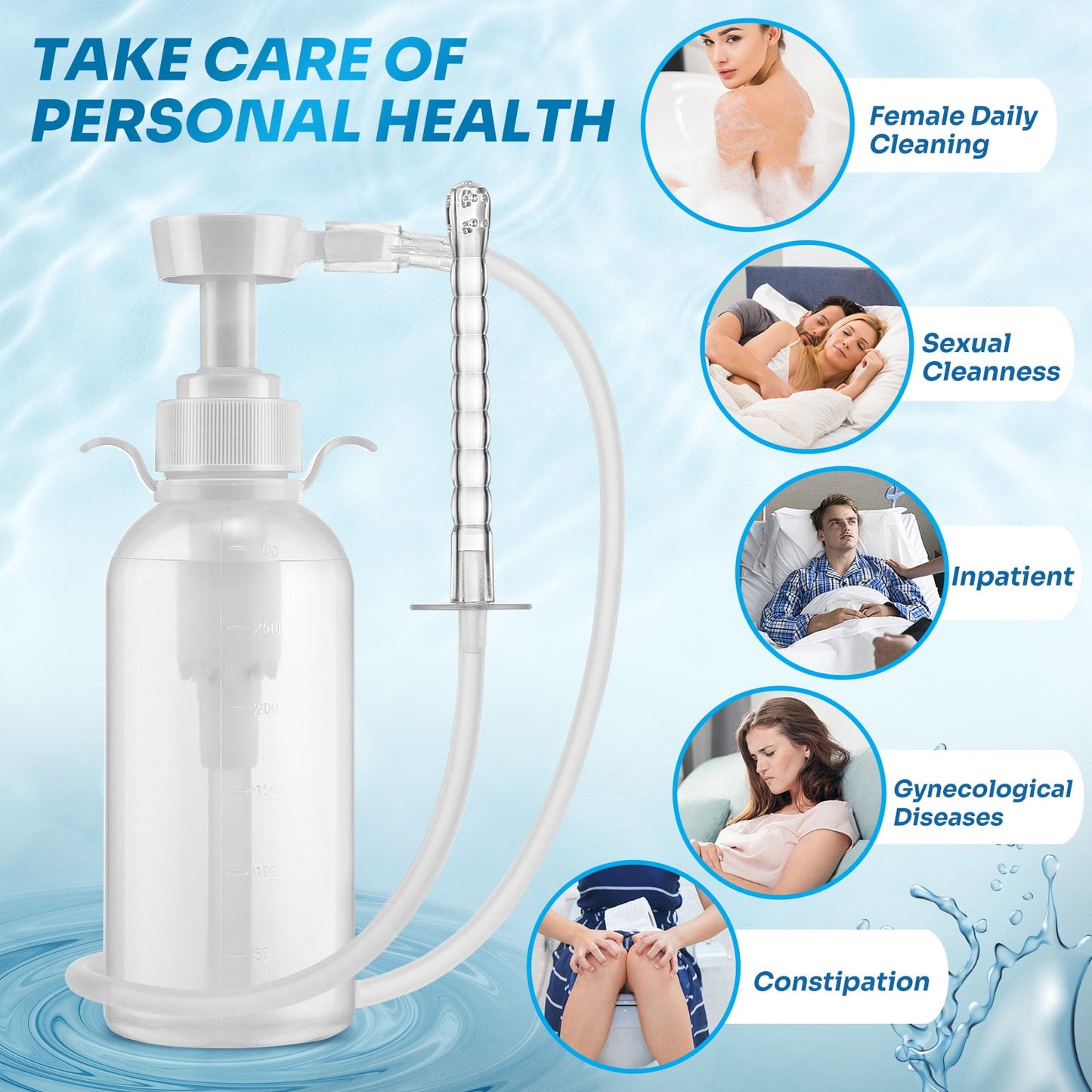 Vaginal Douche for Women, Reusable Vaginal Cleansing System 300ml Douche Cleaner, Female Vaginal Rinse Manual Pressure Clean with 2 Nozzle Tips