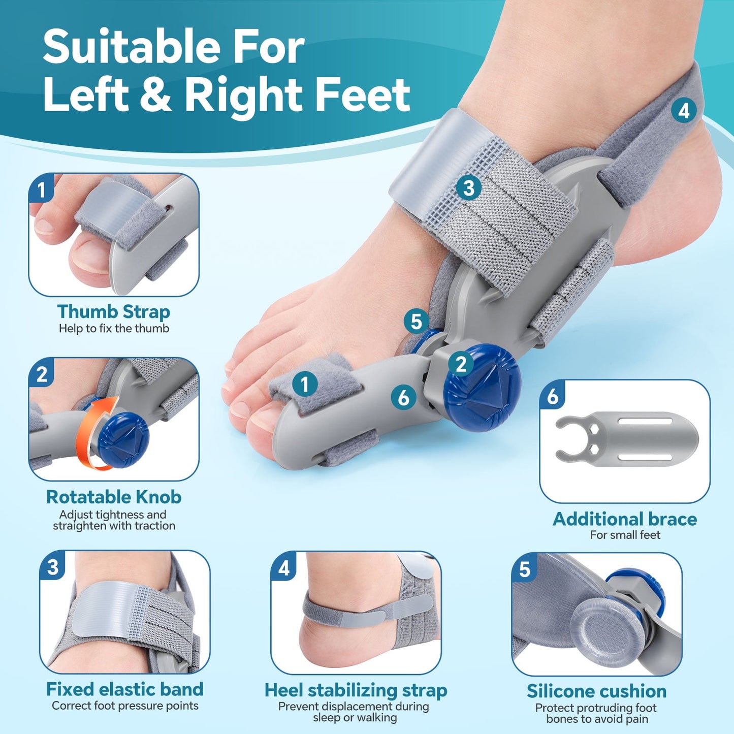 Bunion Corrector for Women Men Big Toe, Hallux Valgus Separator, Adjustable Knob Bunion Splint Straightener with Anti-slip Heel Strap and Silicone Pad for Relief, All-day and Left and Right