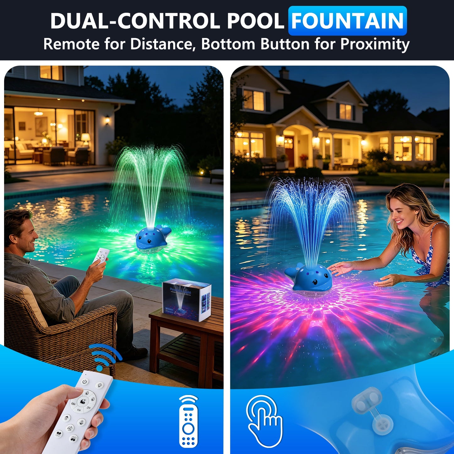 Floating Pool Fountain with LED Lights, Rechargeable Pool Fountain with Remote, 3 Spray Modes & 12 Color Light Show, Water Fountain for Inground & Above Ground Pool