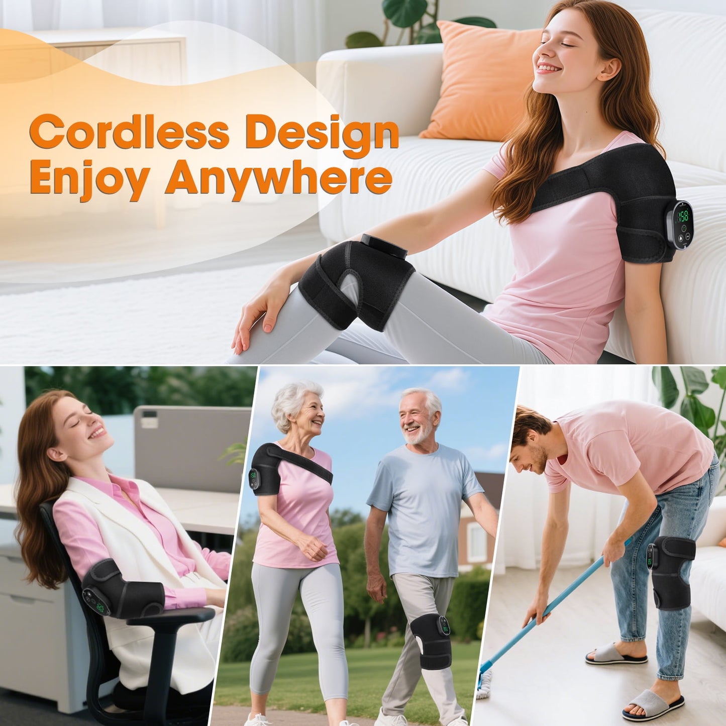 Cordless Heated Knee Massager, 3 in 1 Knee Massager with Heat and Vibration, Portable Electric Massage Knee Heating Pad for Elbow Shoulder Brace Wrap, 3 Vibration Heat, LED Display